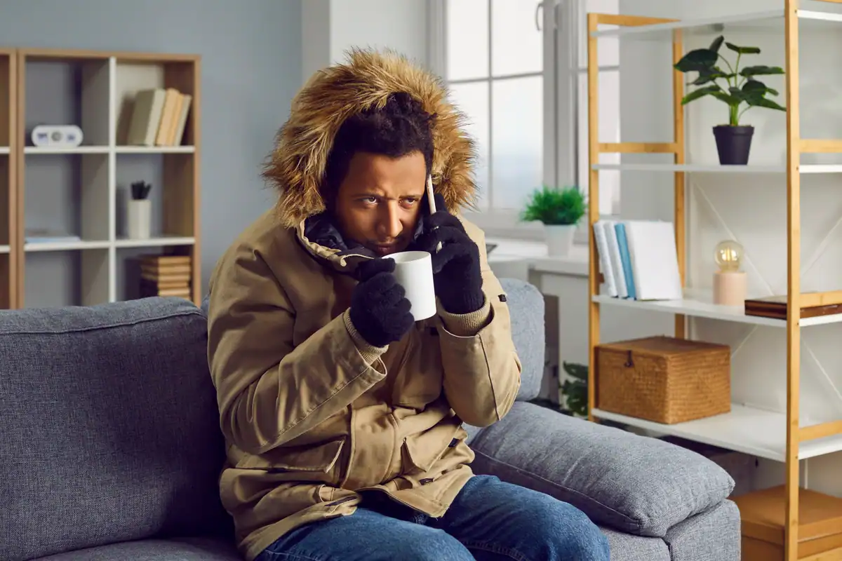 A person wearing a heavy winter coat with a fur-lined hood and gloves sits on a gray couch, holding a white mug with both hands. The person is on the phone, looking concerned as they inquire about emergency furnace repair. Shelves with various items and a plant are in the background.