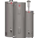 Three grey Rheem water heaters of varying sizes are shown side by side. Each water heater features pipes and valves for water connections, with two having black handles on top. The cylindrical units are positioned against a plain white background.