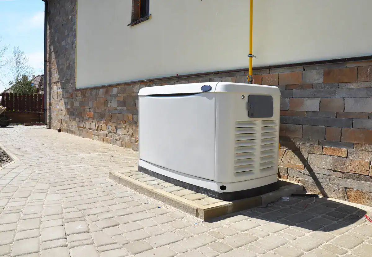 A standby generator is installed on a paved area next to a house with stone and stucco exterior walls. The generator is connected with a yellow pipe and is elevated on a small concrete platform. The surrounding area is clean and well-maintained.