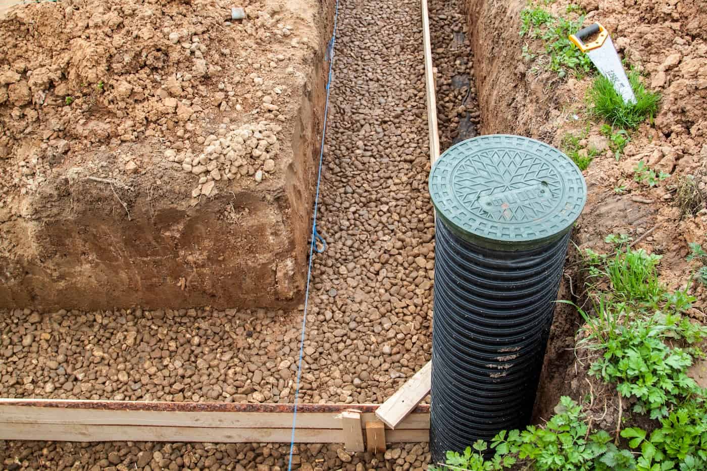 Inspection Well, Drainage Pipe And Trench With Formwork, Which Is Prepared For Pouring The Foundation