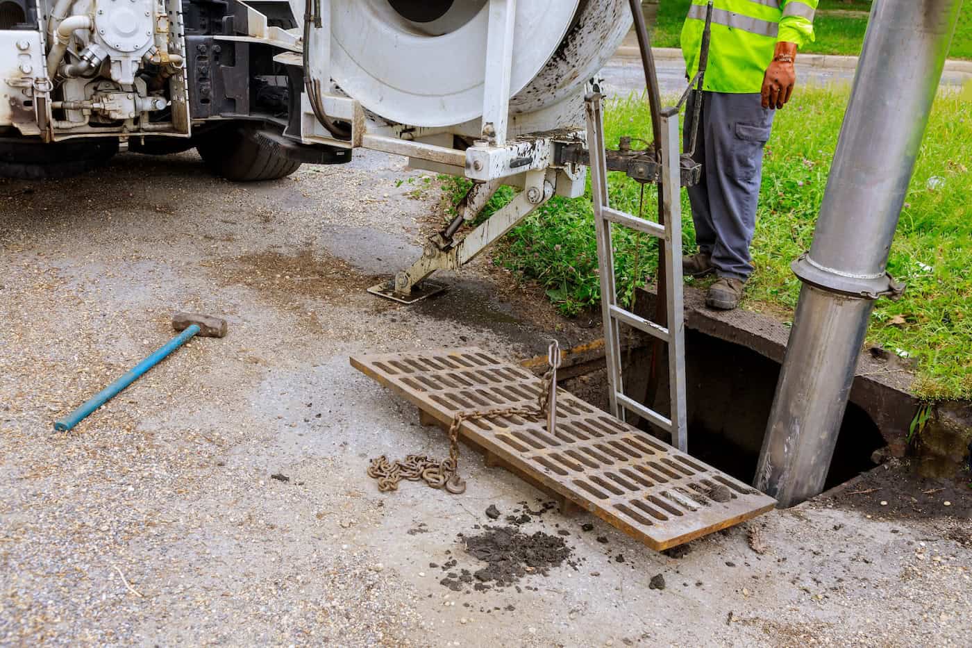 Sewage Industrial Cleaning Truck Clean Blockage In A Sewer Line.
