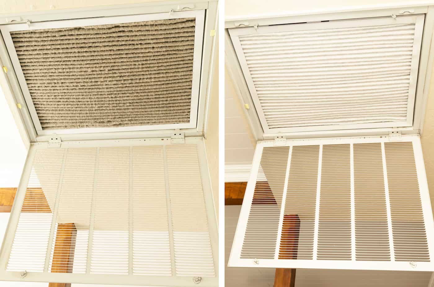 Before And After. Clean And Dirty Stainless Steel Pleated Ac Furnace Filters With Carbon. Air Filter Allergen Reduction Dust. Intake Vent, Home Air Conditioner. Horizontal Plane. Hvac System