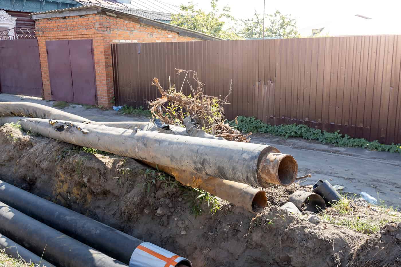 A Pile Of Pipes And A Fence In Front Of A House