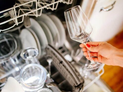 Wine glass being taken out of a dishwasher