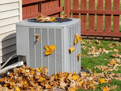 heat pump in fall leaves