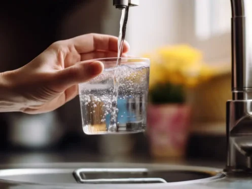 Clean tap water coming out of a sink into a cup for drinking