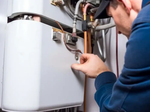 technician examining a furnace