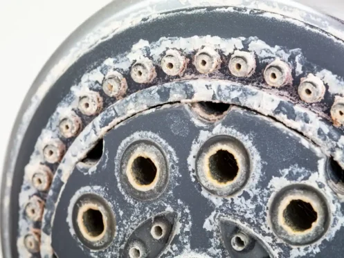 Limescalre buildup on a shower head