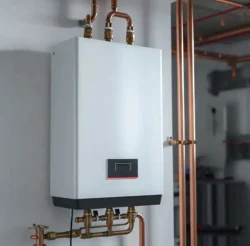Modern tankless water heater surrounded by gas pipes