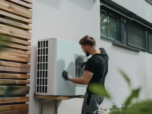Technician installing a heat pump outside